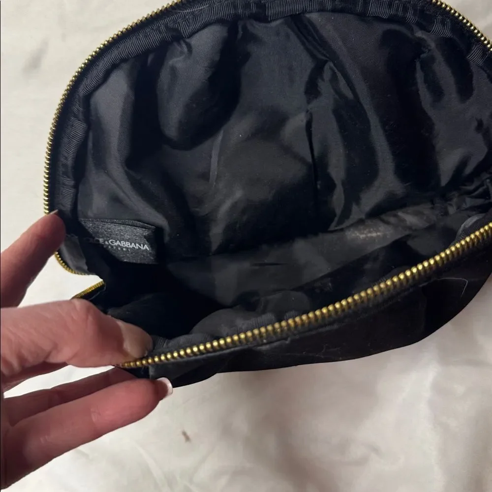 Dolce And Cabbana Black Satin Cosmetic Pouch with Gold Plaque